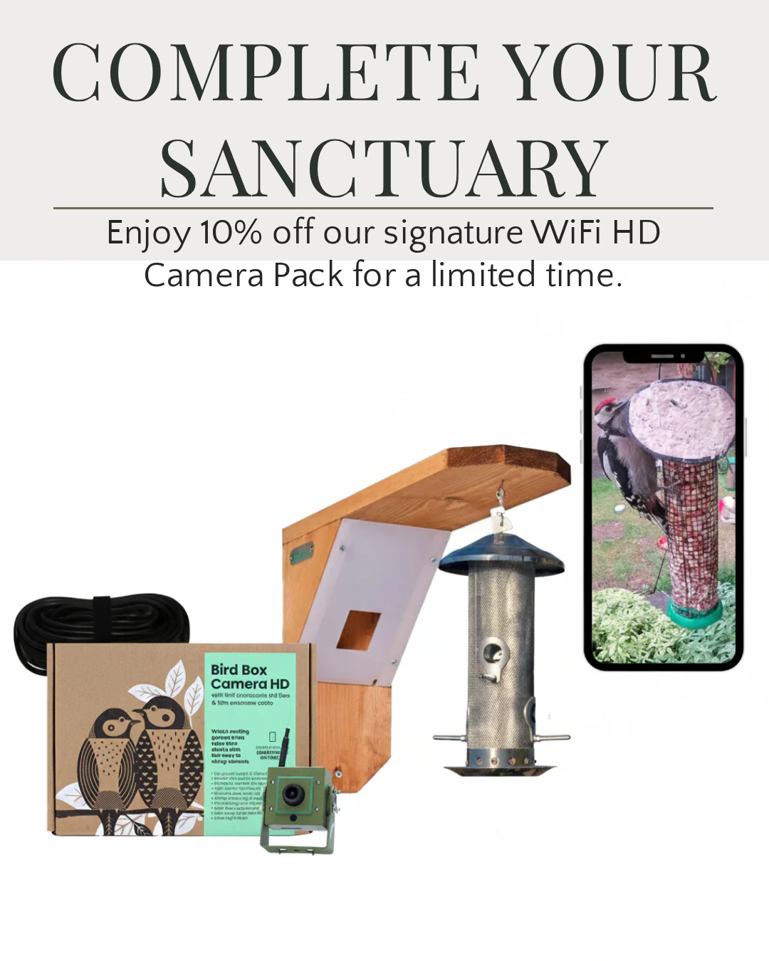 Bird watching equipment with a bird feeder, camera, and smartphone app on a white background.