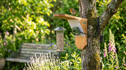 Bird feeder with birds on a tree branch in a garden setting