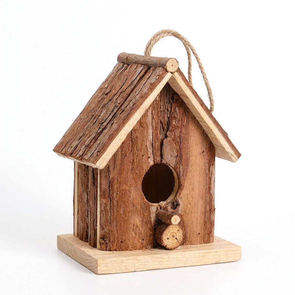 Handcrafted Natural Bark A-Frame Wooden Birdhouse 5.9 inch rustic nest box on pure white background - BIRDLOVER