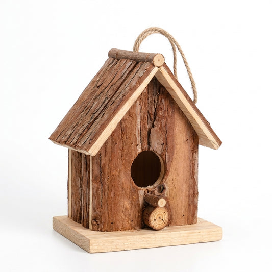 Handcrafted Natural Bark A-Frame Wooden Birdhouse 5.9 inch rustic nest box on pure white background - BIRDLOVER