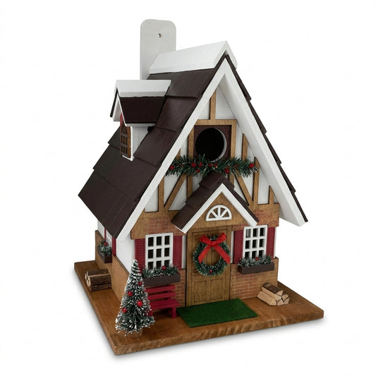 Handcrafted Merry Tudor Cottage Holiday Wooden Birdhouse 9.8 inch on pure white background - BIRDLOVER