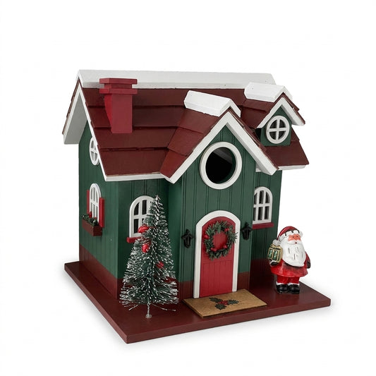 Handcrafted Mistletoe Manor Holiday Wooden Birdhouse 8 inch in Pine Green and Brick Red on pure white background - BIRDLOVER