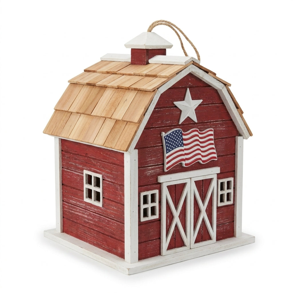 Handcrafted Old Glory Rustic Red Barn Wooden Birdhouse 9.9 inch with Cedar Shingle Roof on pure white background - BIRDLOVER