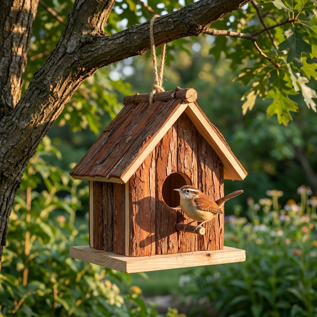 Carolina Wren perched on the twig peg of the Handcrafted Natural Bark A-Frame Birdhouse in a garden
