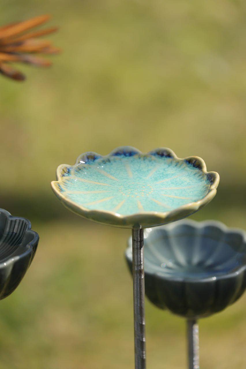 Ceramic bird bath and feeder, Handmade potteryd, Metal art - BIRDLOVER