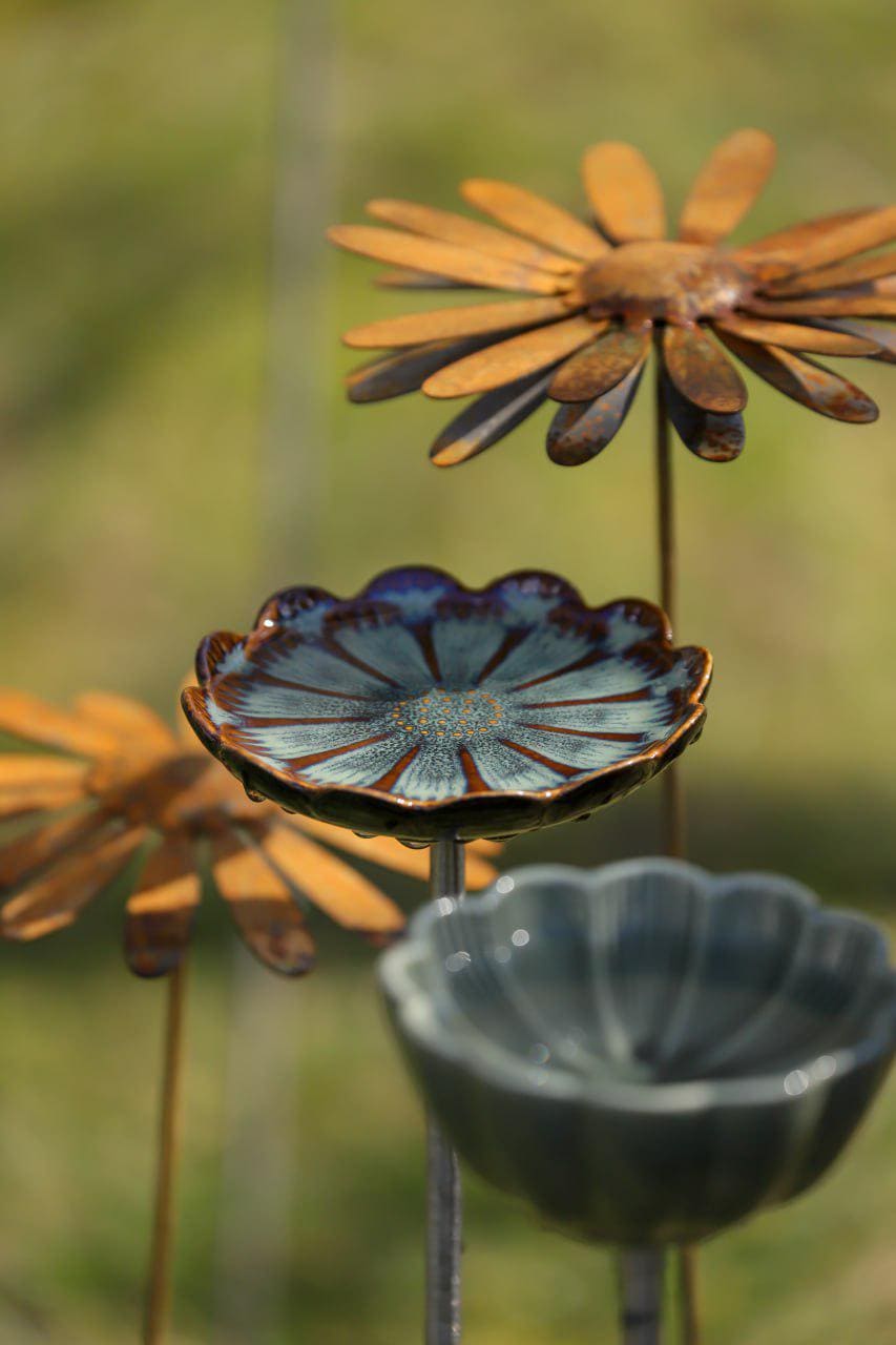 Ceramic bird bath and feeder, Handmade potteryd, Metal art - BIRDLOVER