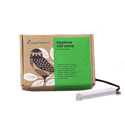 Daytime LED lamp for bird boxes with packaging on a white background