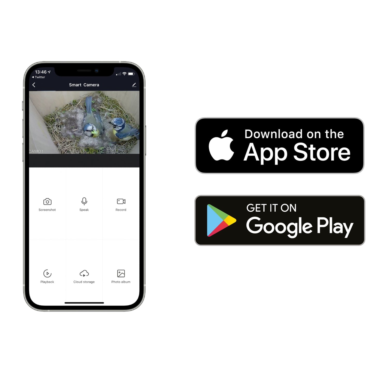 Smart camera app interface on a smartphone with App Store and Google Play download buttons.