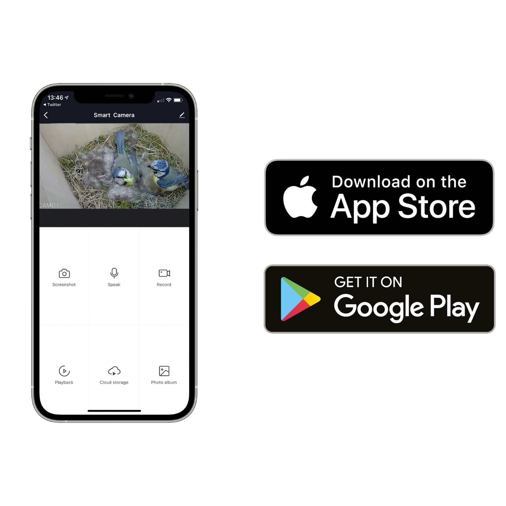 Smart camera app interface on a smartphone with App Store and Google Play download buttons.