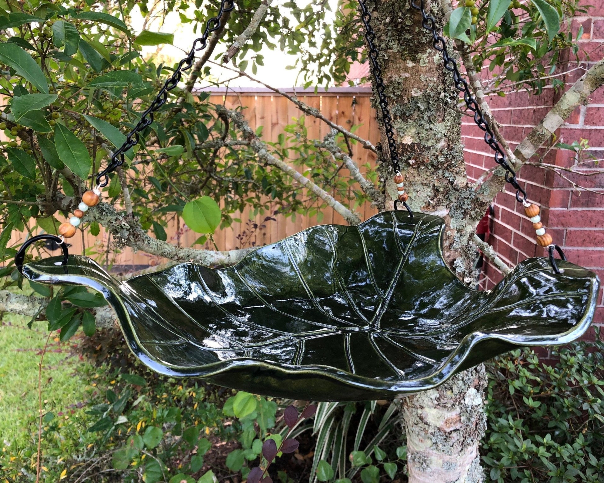 Handmade Bird Bath — Hanging Pottery Leaf Design - BIRDLOVER