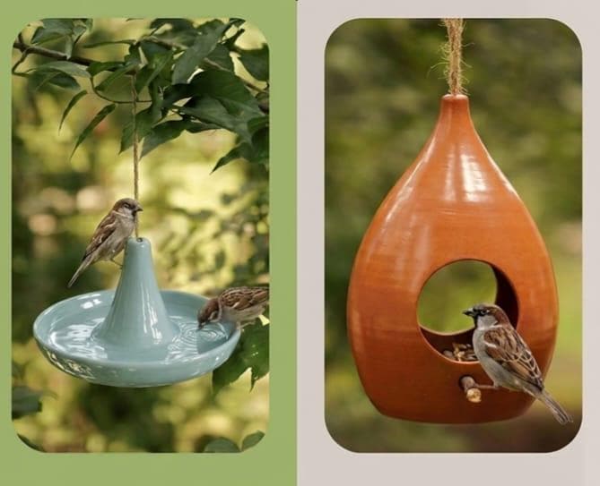 Handmade Ceramic Bird Feeder Set — Water & Food Station - BIRDLOVER