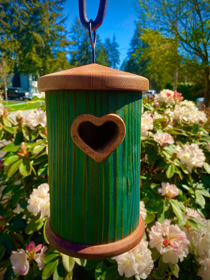 Handmade Colorful Birdhouse — Shou Sugi Ban Knotty Pine, Cedar Roof - BIRDLOVER