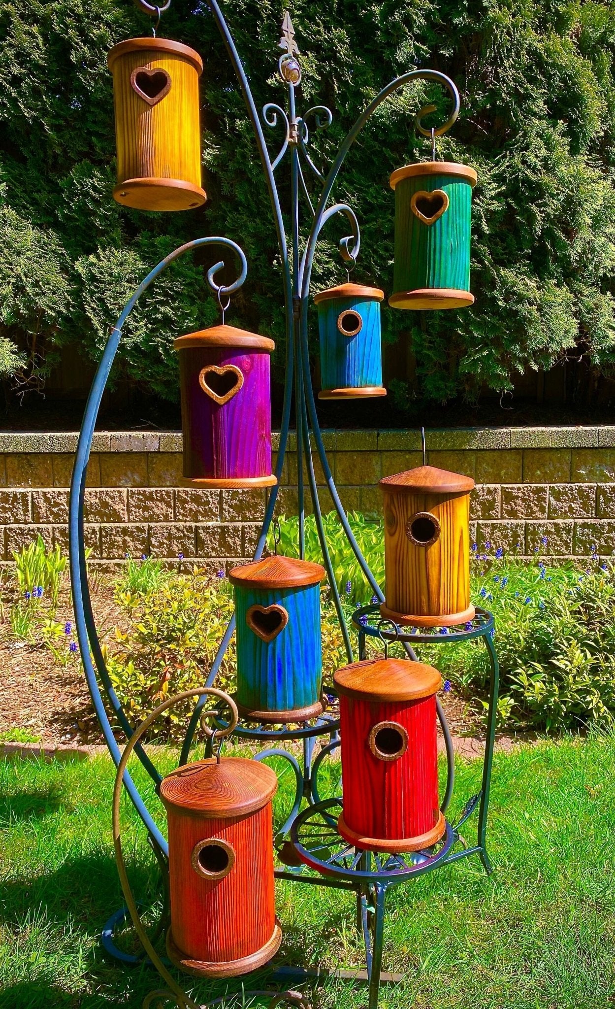 Handmade Colorful Birdhouse — Shou Sugi Ban Knotty Pine, Cedar Roof - BIRDLOVER