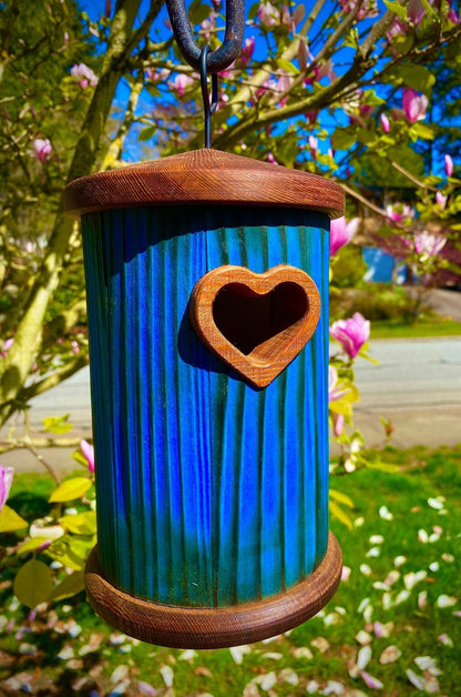 Handmade Colorful Birdhouse — Shou Sugi Ban Knotty Pine, Cedar Roof - BIRDLOVER