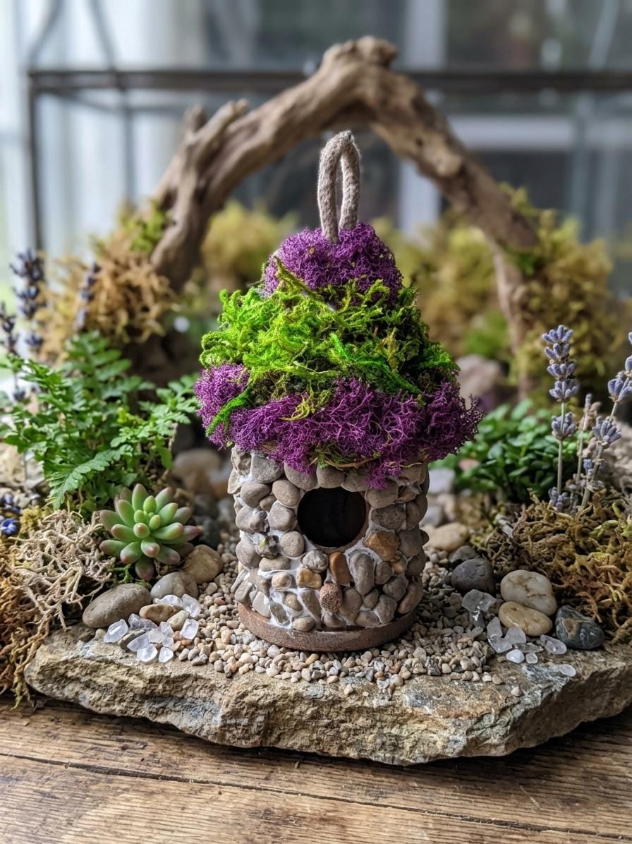 Handmade Stone Birdhouse — Moss Covered Fairy House - BIRDLOVER
