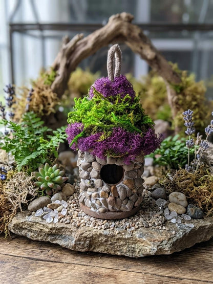 Handmade Stone Birdhouse — Moss Covered Fairy House - BIRDLOVER