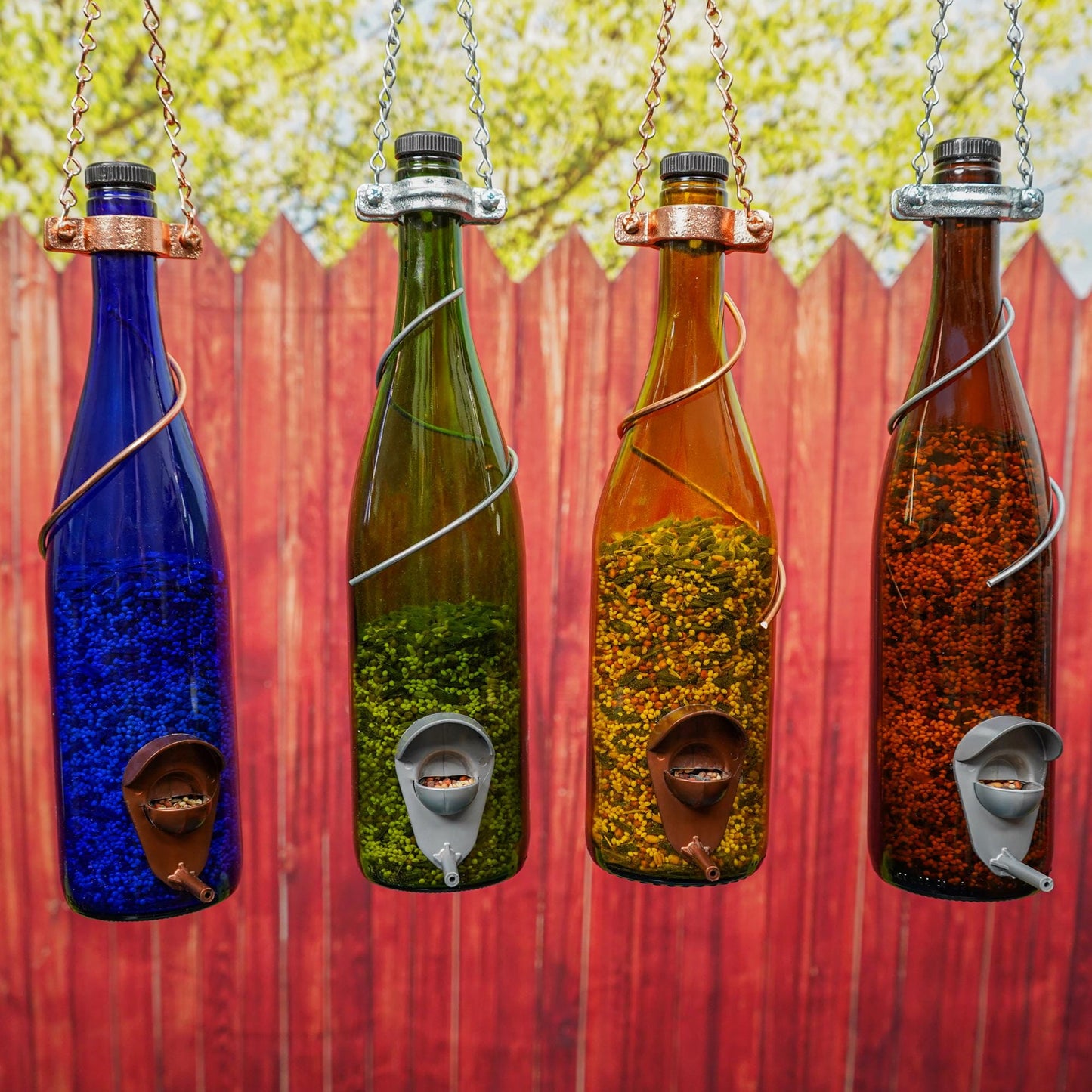 Handmade Wine Bottle Bird Feeder: Upcycled Garden Decor Lots of ColorTrim Options - BIRDLOVER