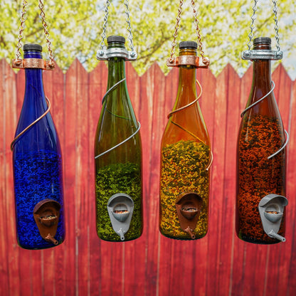 Handmade Wine Bottle Bird Feeder: Upcycled Garden Decor Lots of ColorTrim Options - BIRDLOVER
