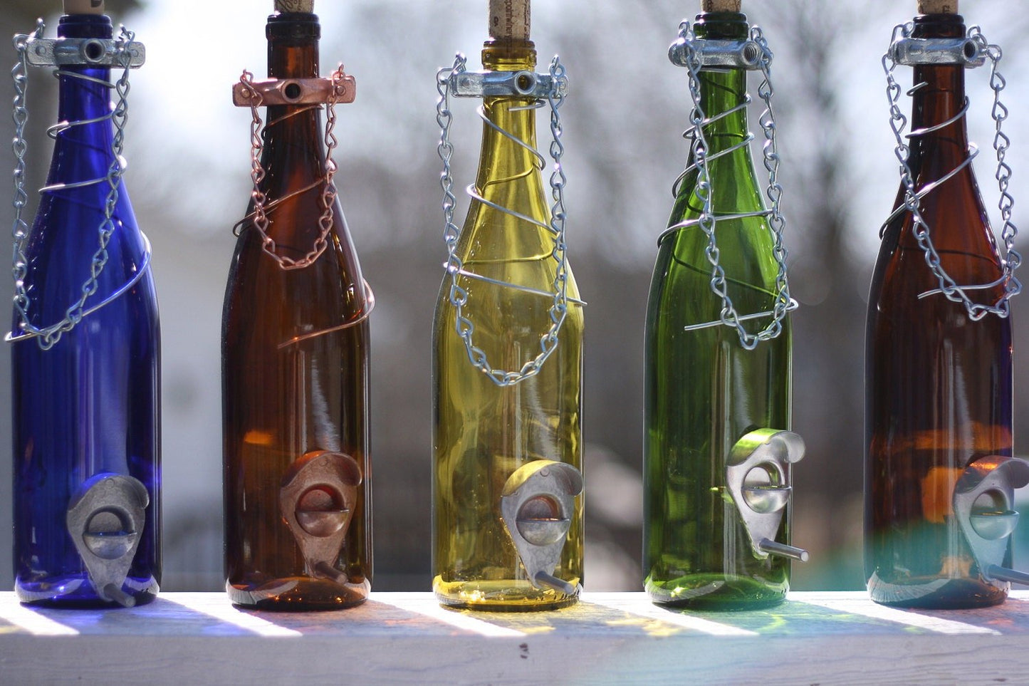 Handmade Wine Bottle Bird Feeder: Upcycled Garden Decor Lots of ColorTrim Options - BIRDLOVER