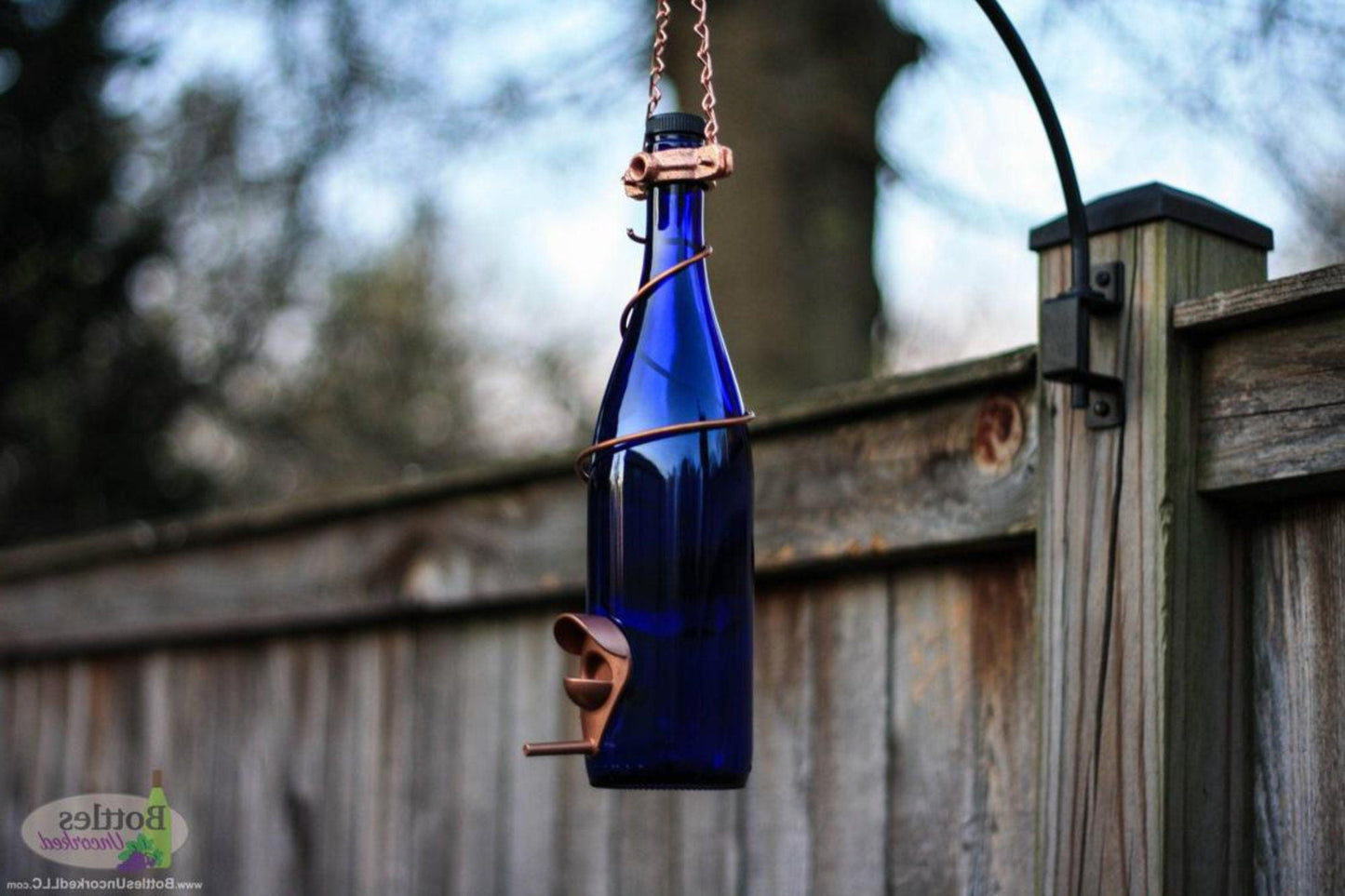 Handmade Wine Bottle Bird Feeder: Upcycled Garden Decor Lots of ColorTrim Options - BIRDLOVER