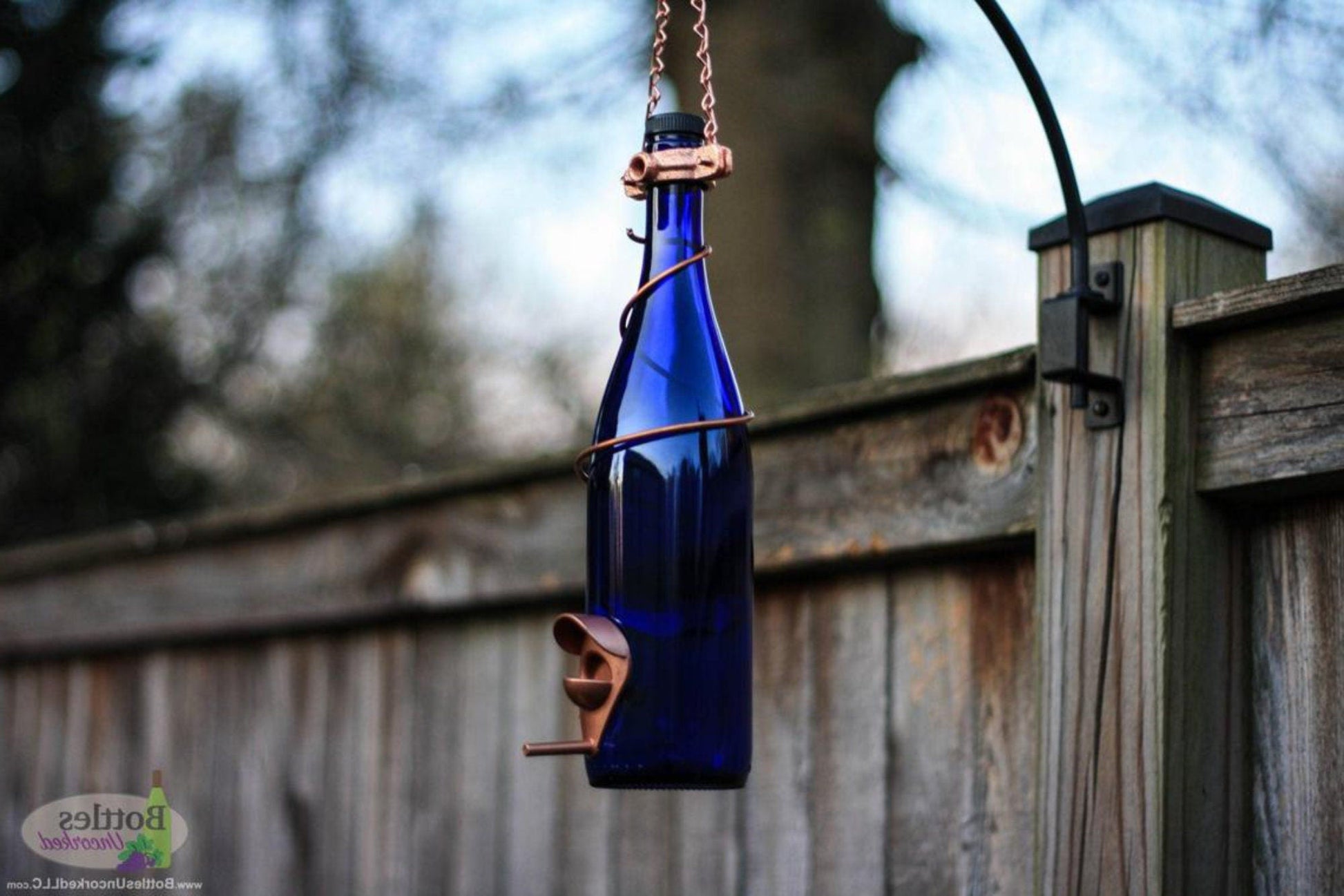 Handmade Wine Bottle Bird Feeder: Upcycled Garden Decor Lots of ColorTrim Options - BIRDLOVER