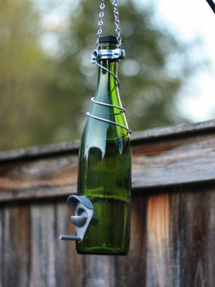 Handmade Wine Bottle Bird Feeder: Upcycled Garden Decor Lots of ColorTrim Options - BIRDLOVER