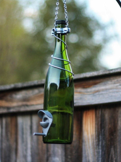 Handmade Wine Bottle Bird Feeder: Upcycled Garden Decor Lots of ColorTrim Options - BIRDLOVER