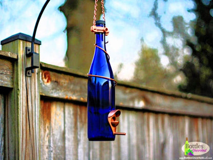 Handmade Wine Bottle Bird Feeder: Upcycled Garden Decor Lots of ColorTrim Options - BIRDLOVER