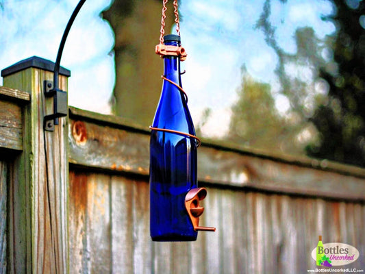 Handmade Wine Bottle Bird Feeder: Upcycled Garden Decor Lots of ColorTrim Options - BIRDLOVER