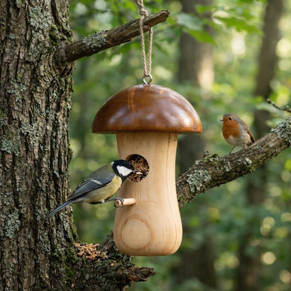 Handmade Wooden Mushroom Bird Feeder — Woodland Garden Decor - BIRDLOVER