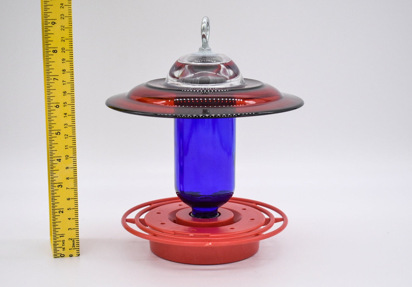 Hummingbird Feeder Bee Proof with choice of 8 oz Clear or Cobalt Bottle with Red Glass Plate - BIRDLOVER