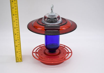 Hummingbird Feeder Bee Proof with choice of 8 oz Clear or Cobalt Bottle with Red Glass Plate - BIRDLOVER