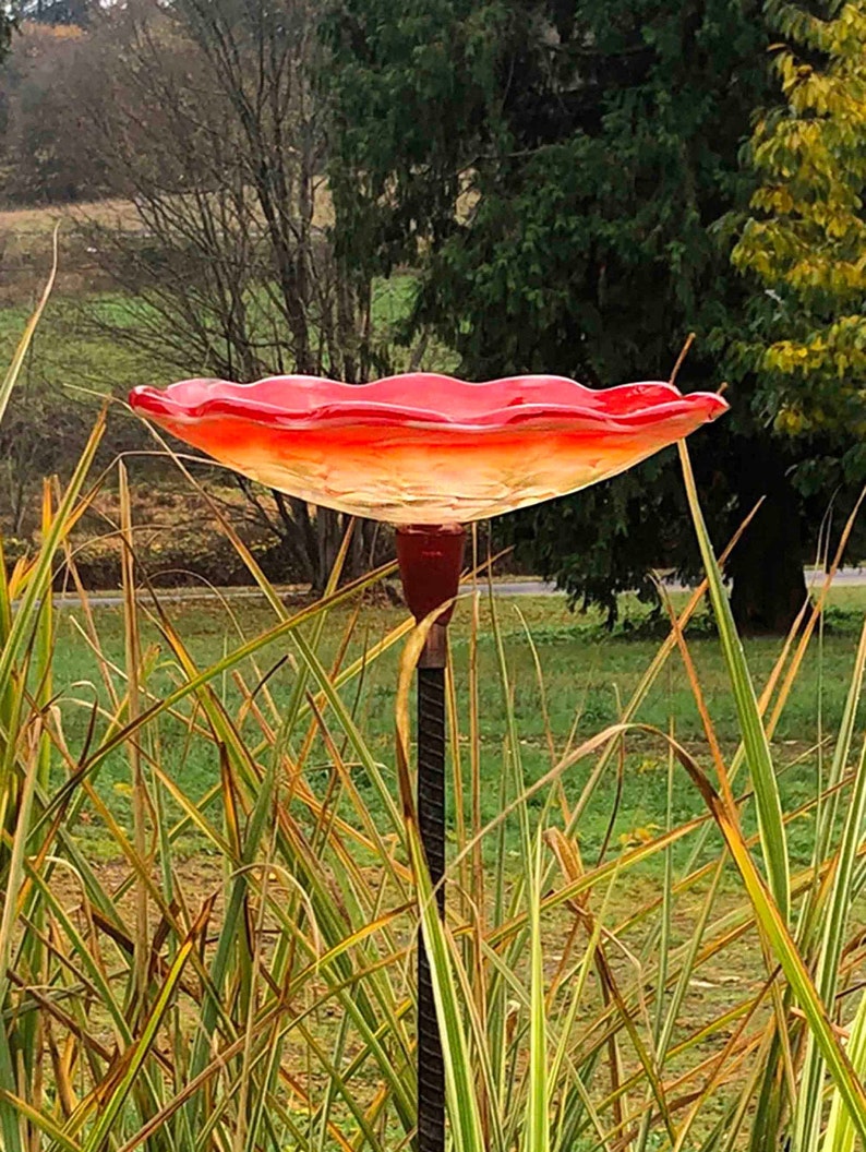 Handmade Sculpted Blown Glass Bird Bath — Colorful Garden Art - BIRDLOVER
