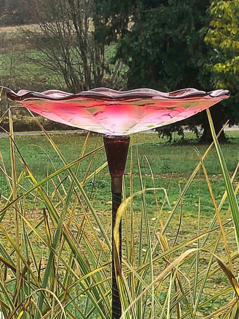 Handmade Sculpted Blown Glass Bird Bath — Colorful Garden Art - BIRDLOVER