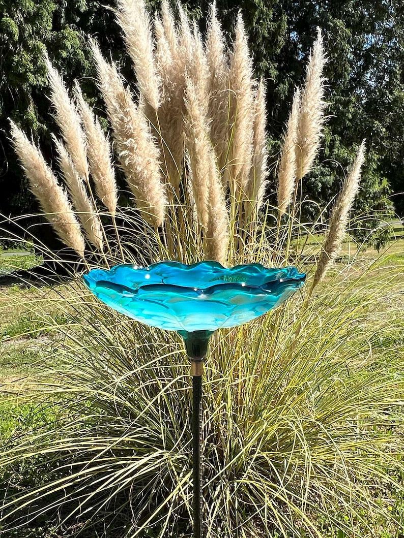 Handmade Sculpted Blown Glass Bird Bath — Colorful Garden Art - BIRDLOVER
