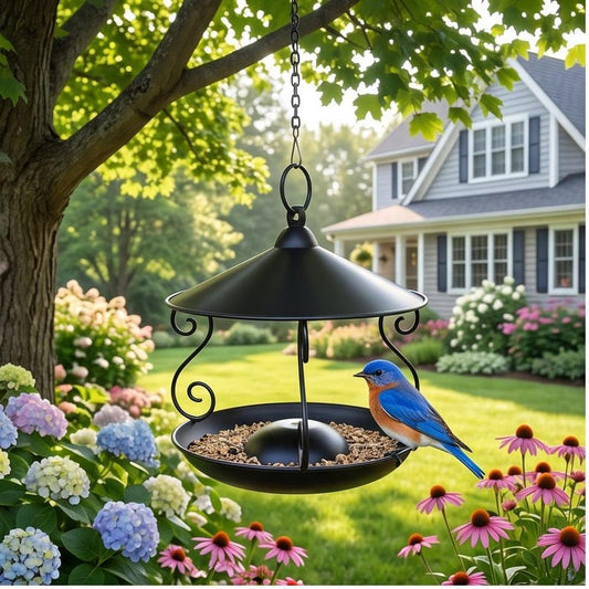 Elegant Wrought Iron Umbrella Bird Feeder — Decorative S-Scroll Hanging Tray - BIRDLOVER