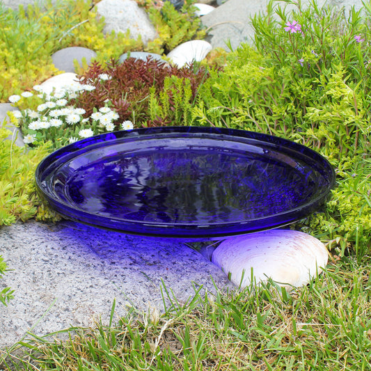 Cobalt blue handblown crackle glass bird bath bowl, 14 inch diameter