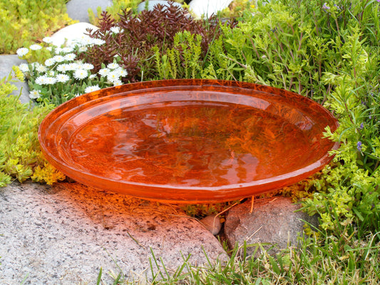 Orange handblown crackle glass bird bath bowl, 14 inch diameter