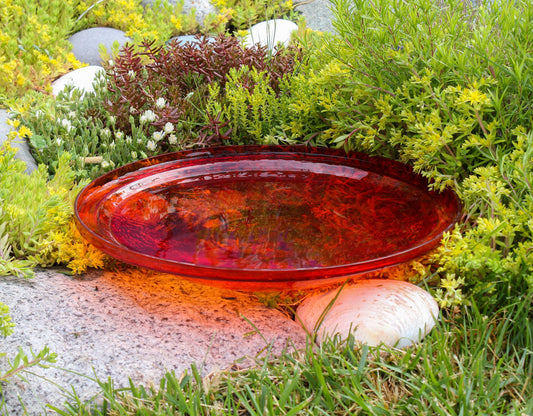 Tomato red handblown crackle glass bird bath bowl, 14 inch diameter