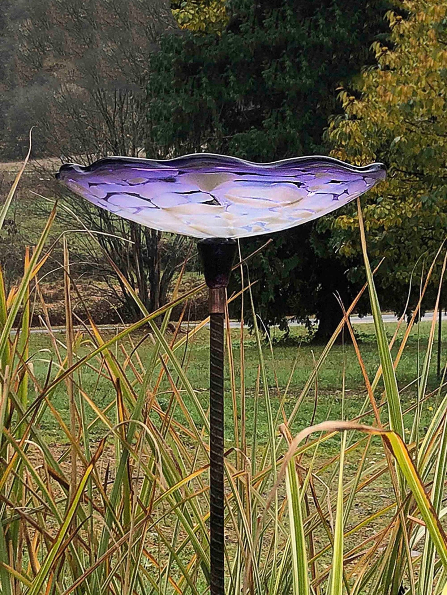 Handmade Sculpted Blown Glass Bird Bath — Colorful Garden Art - BIRDLOVER