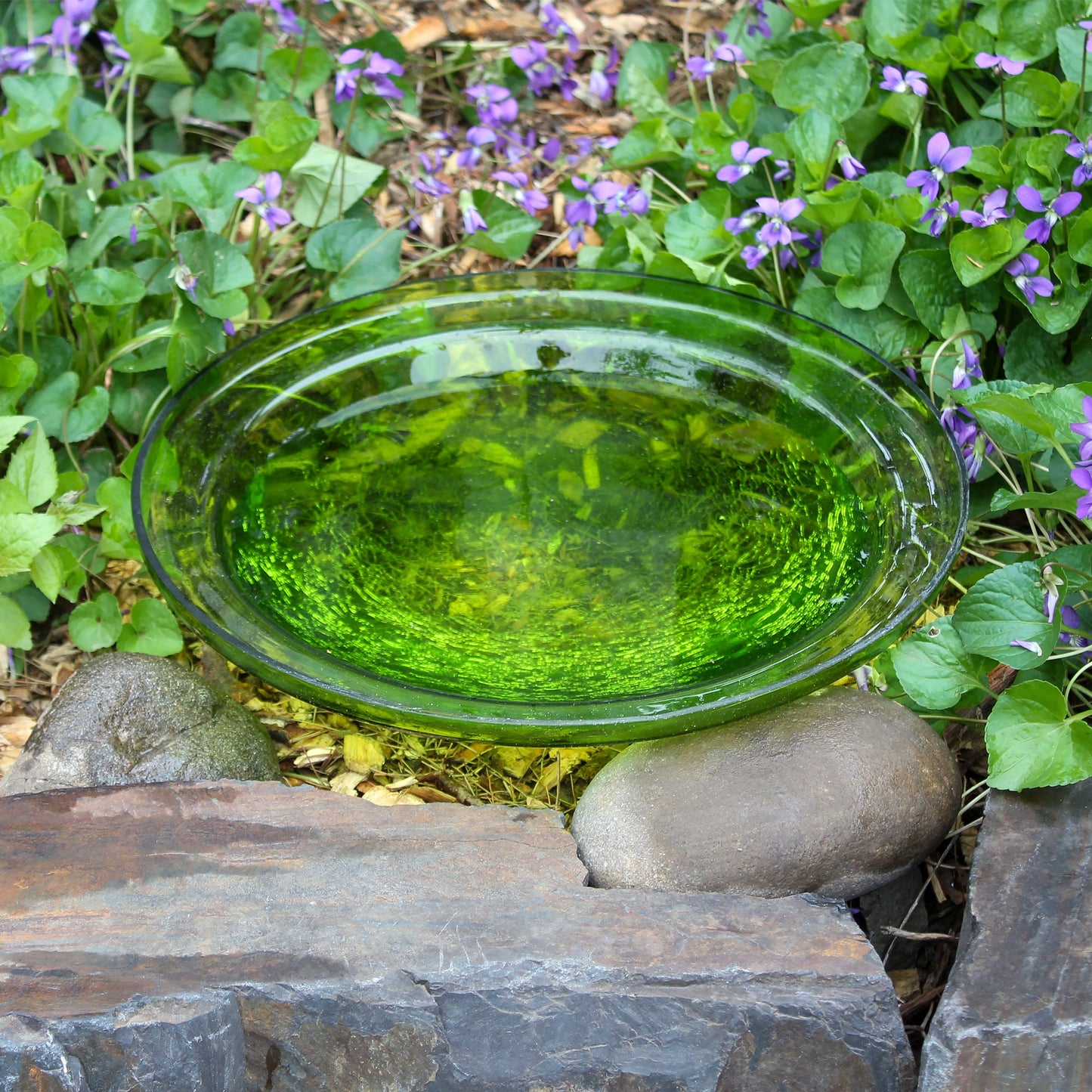 Mossy green handblown crackle glass bird bath bowl, 12.5 inch diameter