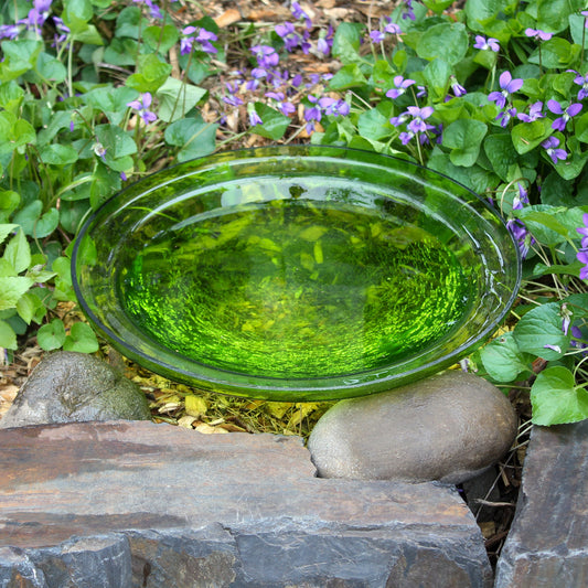 Mossy green handblown crackle glass bird bath bowl, 12.5 inch diameter