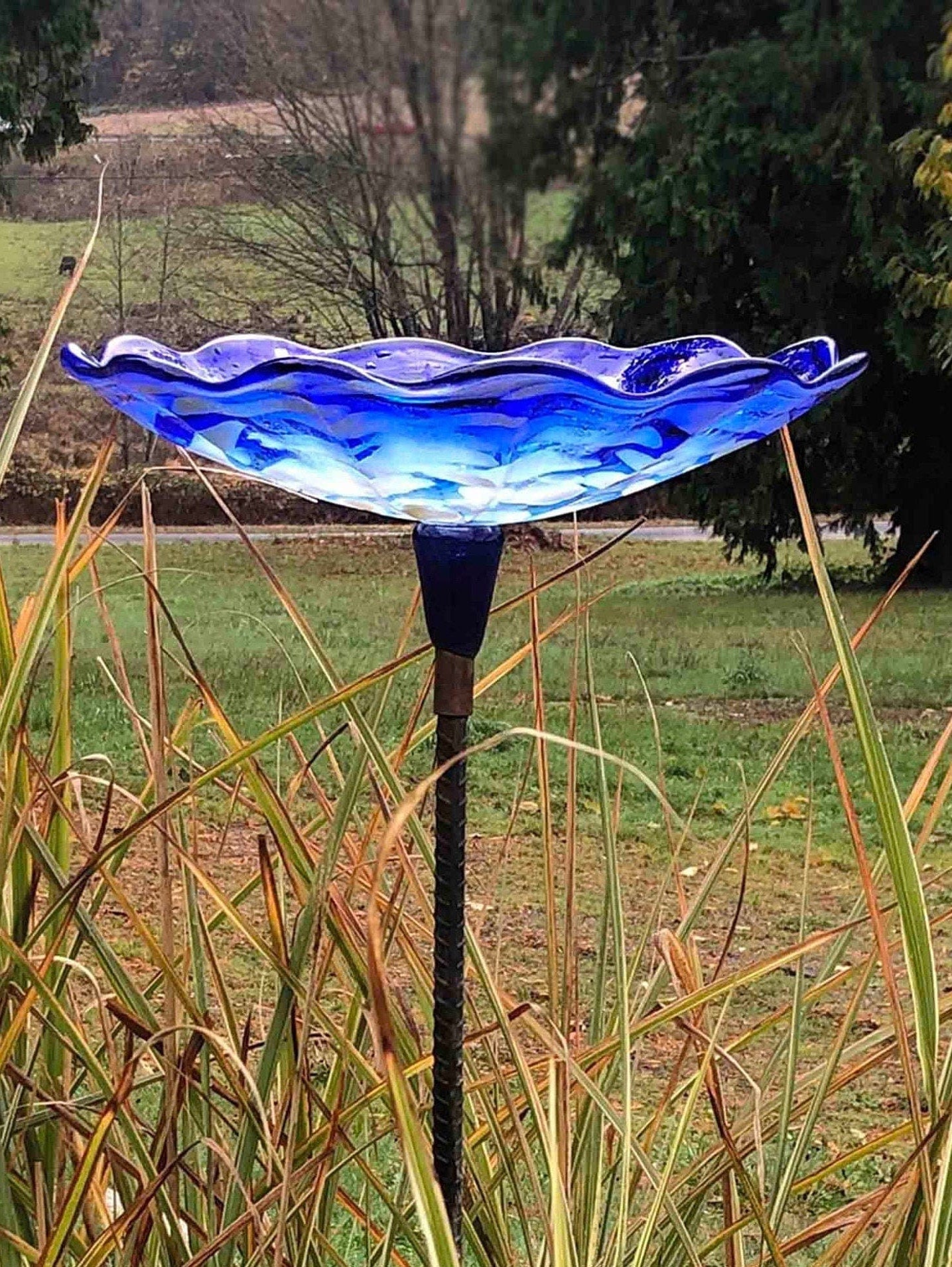 Handmade Sculpted Blown Glass Bird Bath — Colorful Garden Art - BIRDLOVER