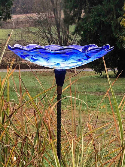 Handmade Sculpted Blown Glass Bird Bath — Colorful Garden Art - BIRDLOVER