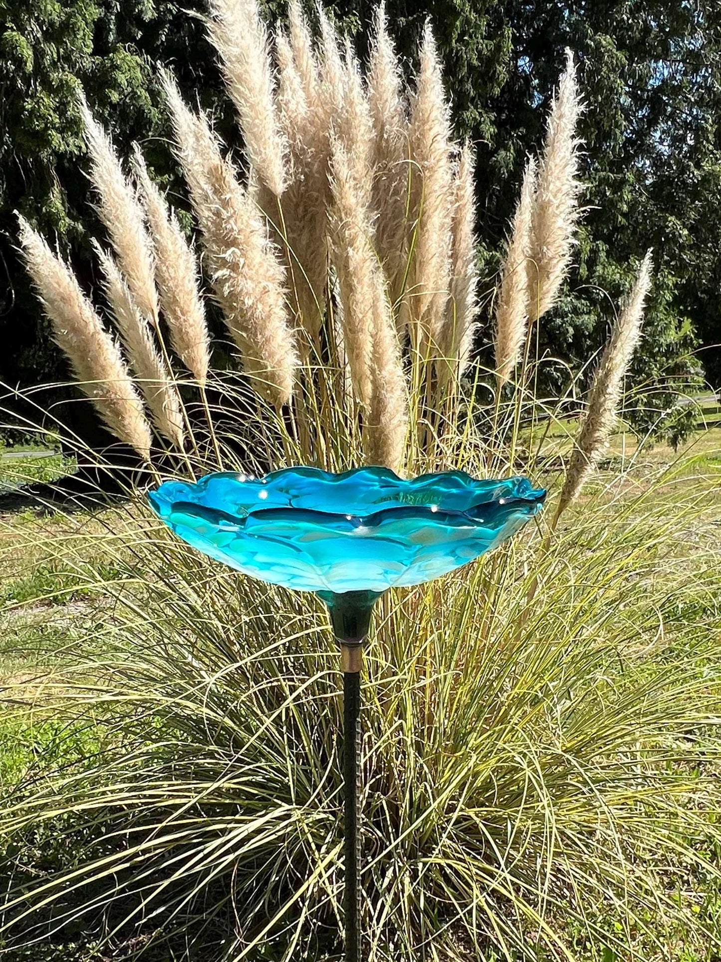 Handmade Sculpted Blown Glass Bird Bath — Colorful Garden Art - BIRDLOVER