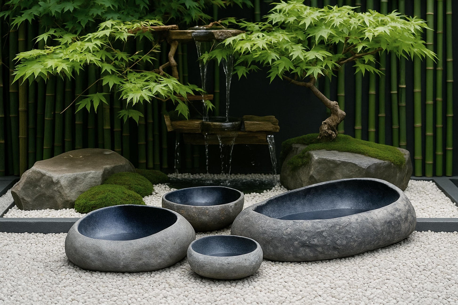 Hand carved river stone bird bath with polished interior basin