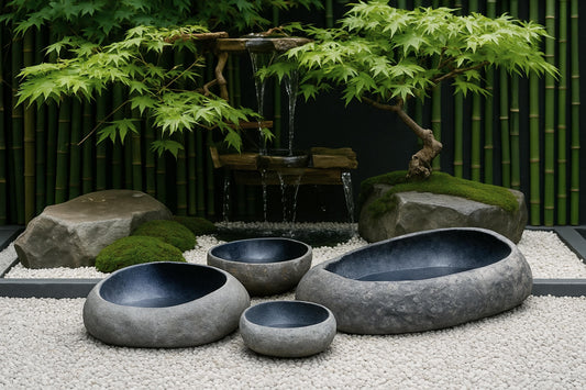 Hand carved river stone bird bath with polished interior basin