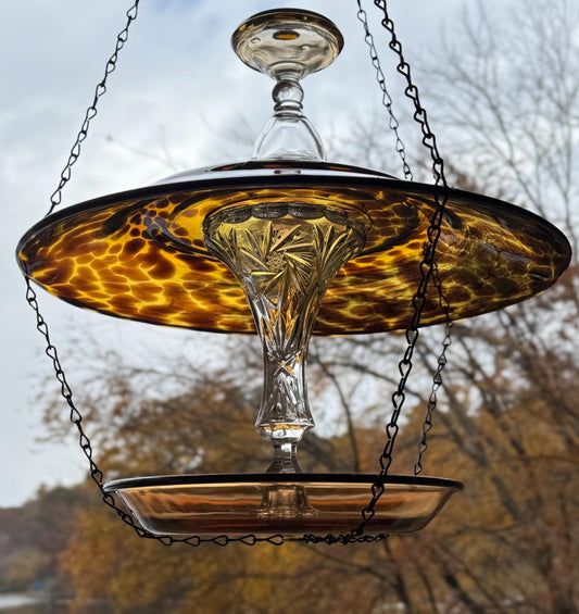 Glass Hanging Bird Feeder — Upcycled Vintage Garden Art with Decorative Gems - BIRDLOVER