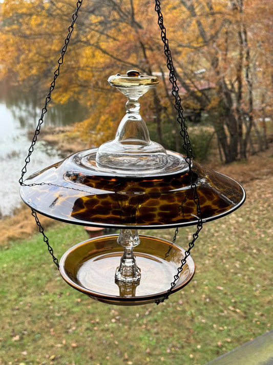 Glass Hanging Bird Feeder — Upcycled Vintage Garden Art with Decorative Gems - BIRDLOVER