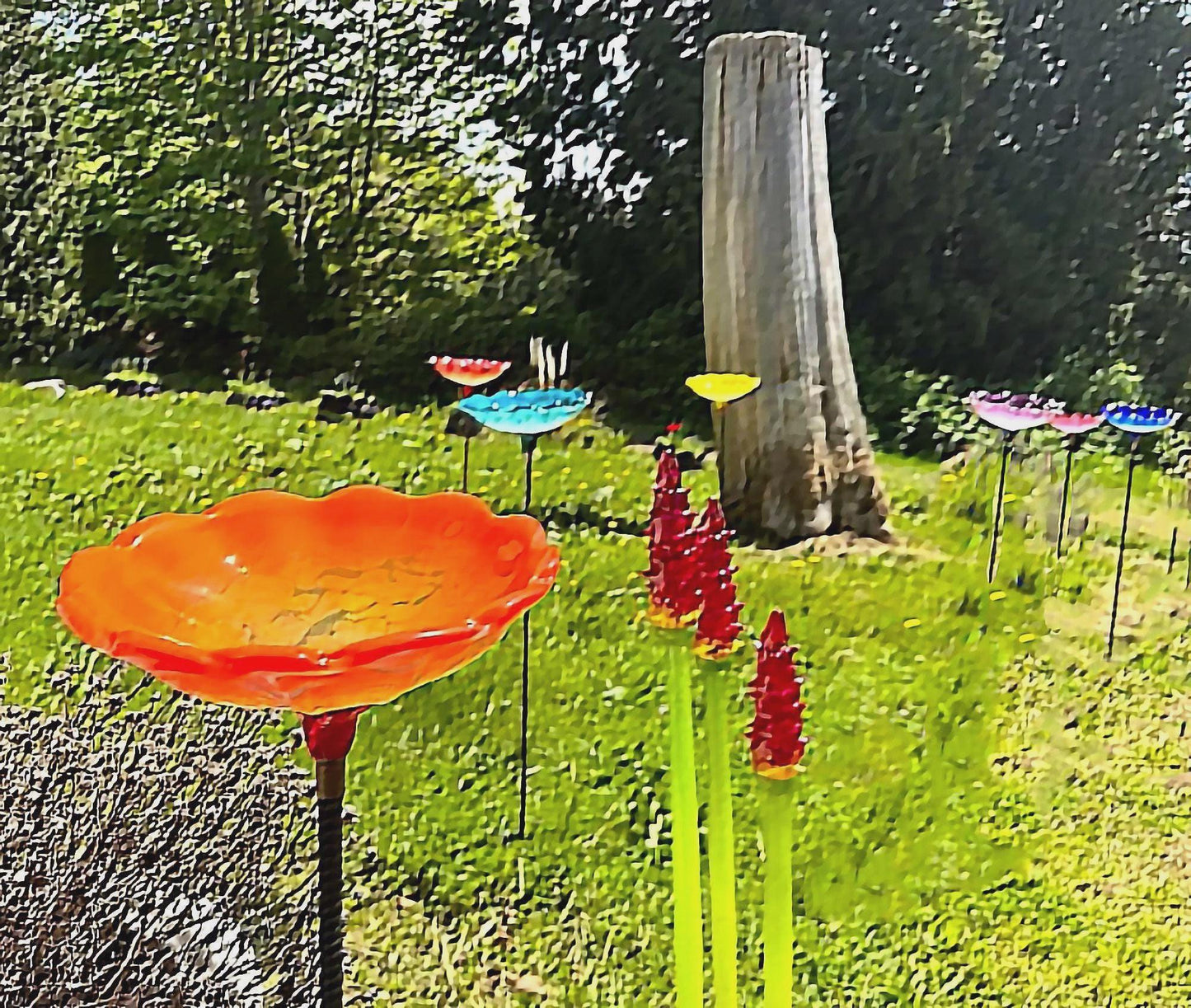Handmade Sculpted Blown Glass Bird Bath — Colorful Garden Art - BIRDLOVER